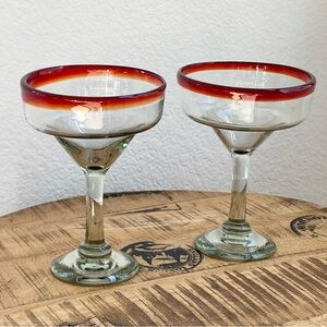 Handblown Mexican Margarita Glasses Red Rim Set of 2